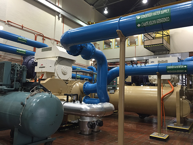 Interior of a district energy plant's chilled water pumps.