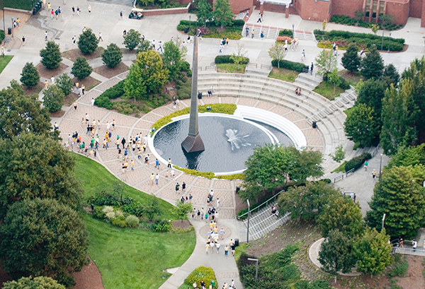 Aerial View of Tech's campanile fountain An aerial view of Tech's campanile fountain surrounded by manicured trees and grass.
