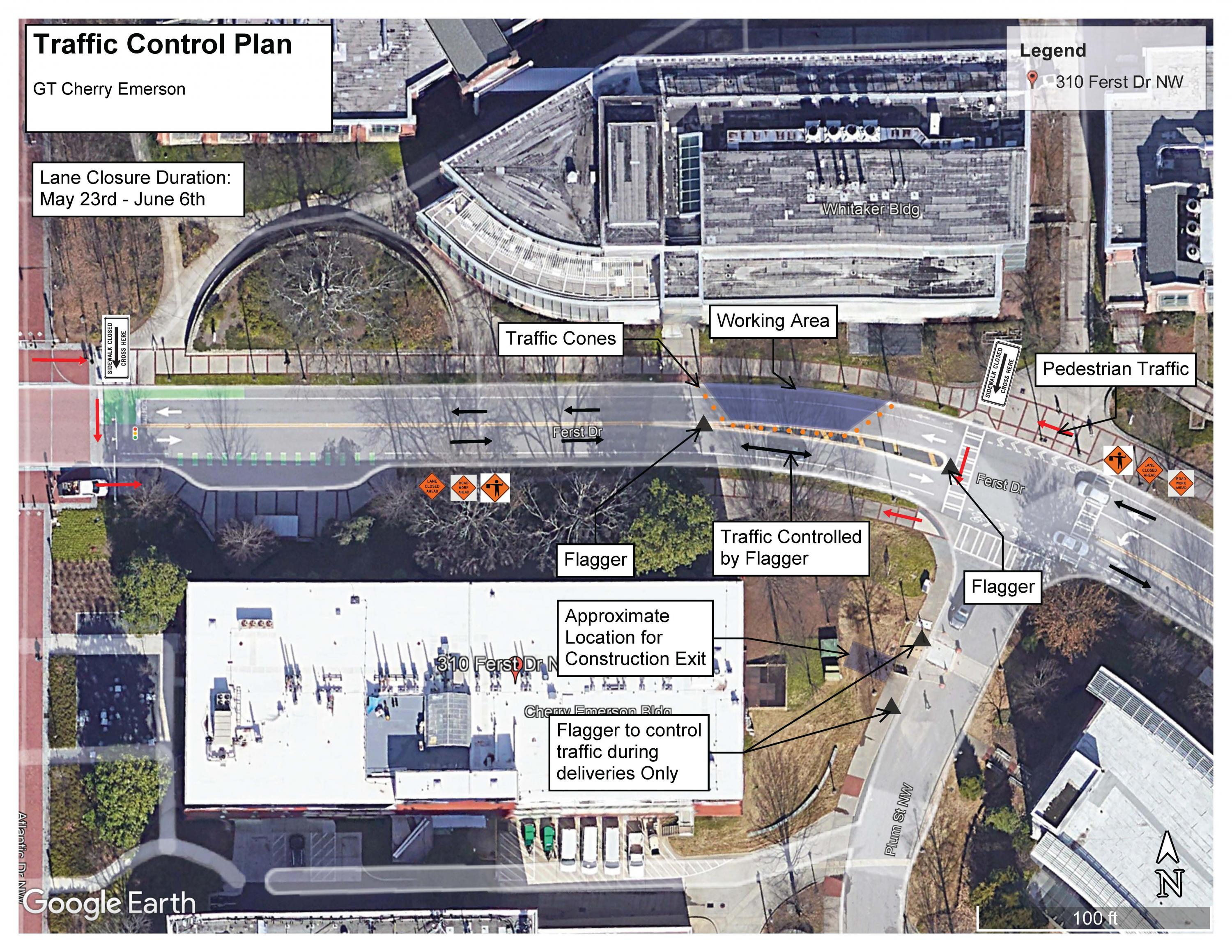 map of traffic plan for installation of water line on Ferst Drive for Cherry Emerson