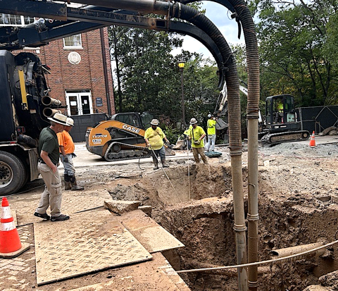 Jim Stephens, vice president of Infrastructure and Sustainability, oversees excavation efforts in Harrison Square during the recent chilled water outage on the Georgia Tech campus.
